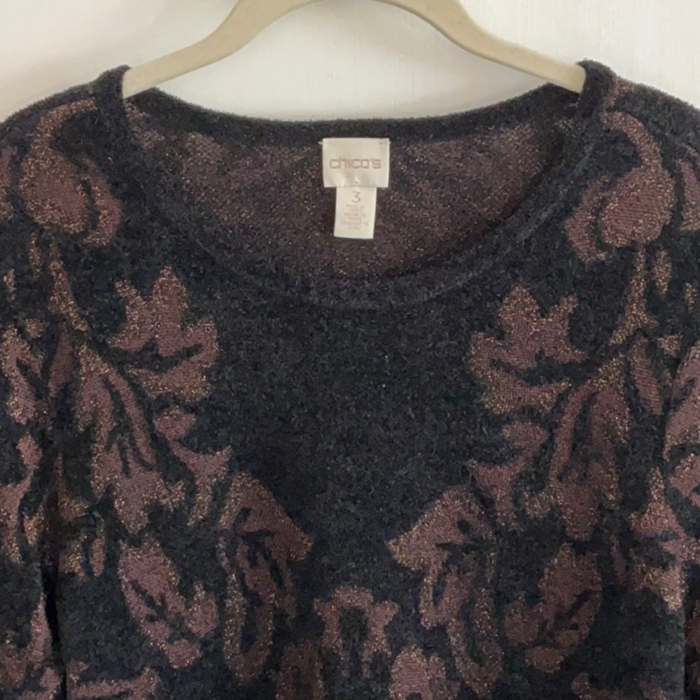 Chico's Black and Brown with Copper Metallic Design Tunic Crewneck  Size 3 Large